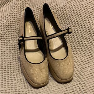 Larroude Beige Mary Jane Flats with Black Trim